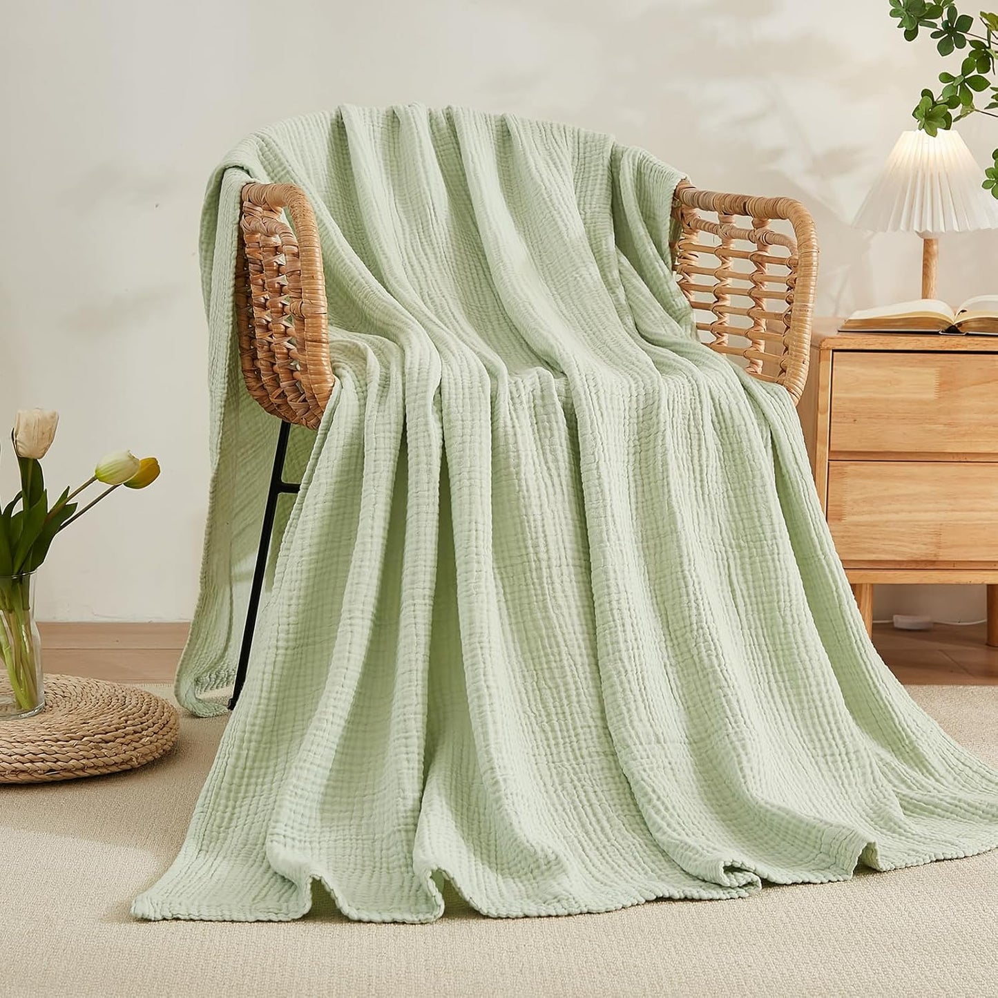 EMME Cotton Blanket Queen Size for Bed Soft Large Muslin Bed Blankets 90"x90" Lightweight Breathable All Season Gauze Blanket, Mint Green