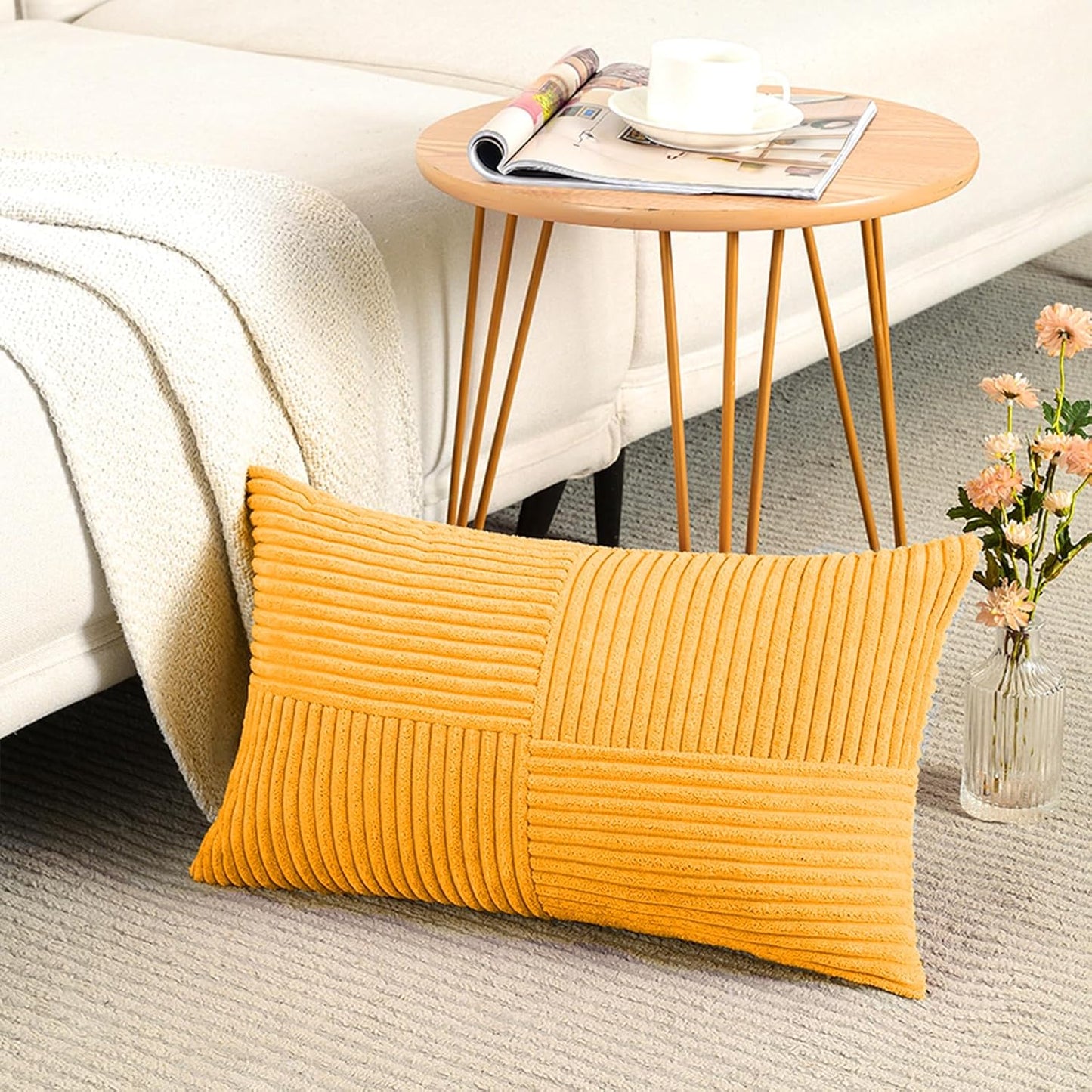 Fancy Homi 2 Packs Gold Yellow Lumbar Decorative Throw Pillow Covers 12x20 Inch for Couch Bed Sofa, Rustic Farmhouse Boho Spring Home Decor, Soft Striped Corduroy Rectangle Accent Cushion Case 30x50cm