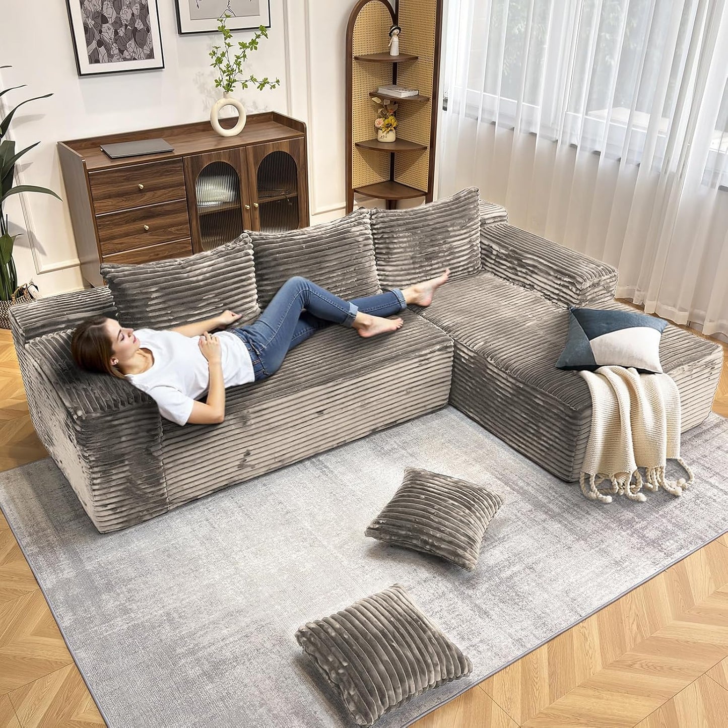 104" Modern Modular L-Shape Sofa Couch with Chaise Light Coffee Faux Rabbit Fur Cloud Sectional Couch with Deep Seat Modular Sectional Sofa No Assembly Required Upholstered Couches for Living Room