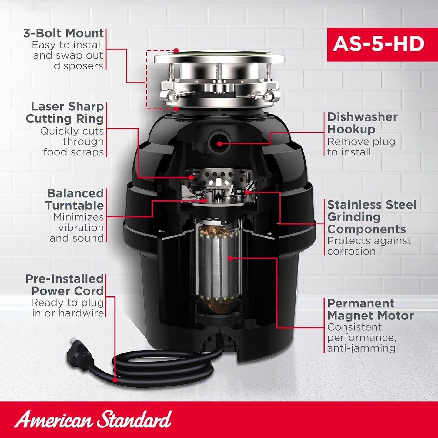 American Standard 10-US-AS-5-HD Garbage Disposal Anti-Jam Stainless Steel Food Waste Grinding System, Heavy Duty, 1/2 HP, Black