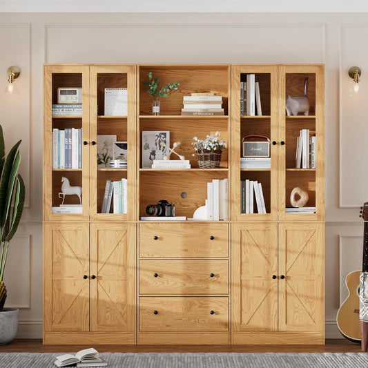 71" Tall Bookshelves Set of 3, 1 Bookcase with Drawers & 2 Bookshelves with Doors, Wooden Floor Standing Display Storage Shelves for Home Office, Living Room