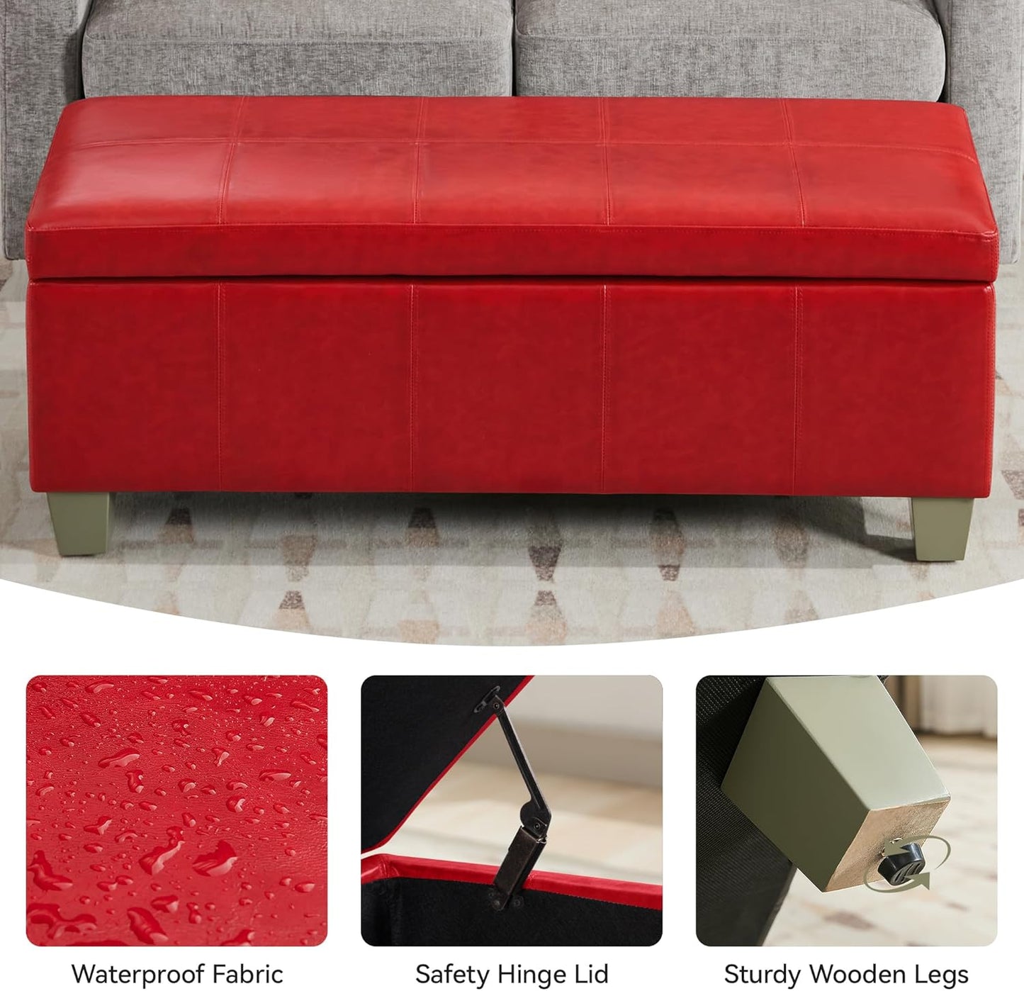 51" Faux Leather Storage Ottoman, Stitch Tufted Rectangle Upholstered End of Bed Storage Bench, Entryway Large Couch Ottoman with Wooden Legs,Red