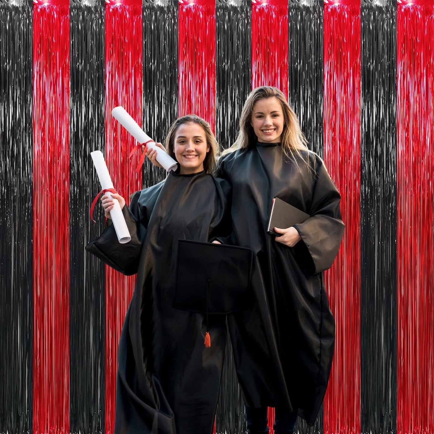 GOER 3.2 ft x8.2 ft Metallic Tinsel Foil Fringe Curtains Party Photo Backdrop Party Streamers for Birthday,Graduation,New Year Eve Decorations Wedding Decor (4 Pcs,Black&Red)