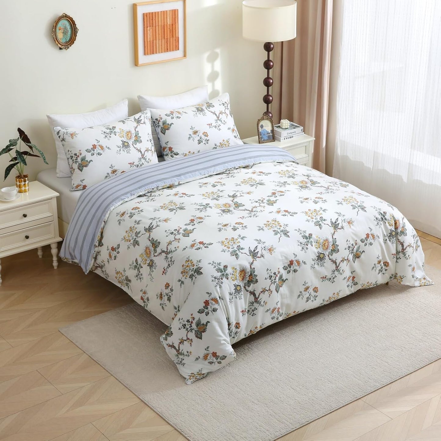 ABREEZE Floral Duvet Cover Queen Size Set Bird Flowers Bedding Set 100% Brushed Cotton Bedding Collection 1 Duvet Cover with 2 Pillowcases White