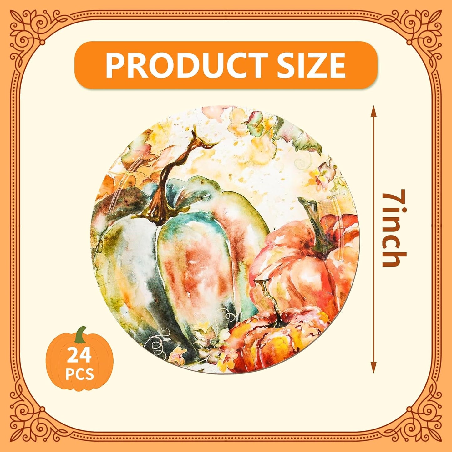 Fall Dessert Plates Thanksgiving Pumpkin Paper Plates 7" Autumn Watercolor Pumpkins Party Plates Harvest Teal and Orange Pumpkins Disposable Decorative Dessert Plates (24)