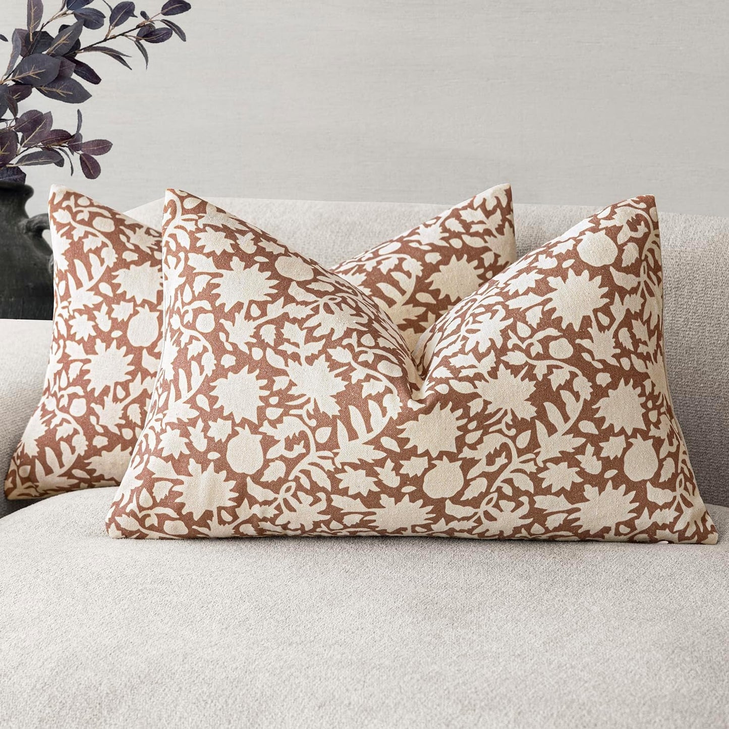 Foindtower Set of 2 Decorative Neutral Floral Throw Pillow Covers Accent Farmhouse Cushion Covers Boho Pillowcase for Couch Sofa Bedroom Living Room Home Decor Outdoor,12×20 Inch,Light Orange Brown