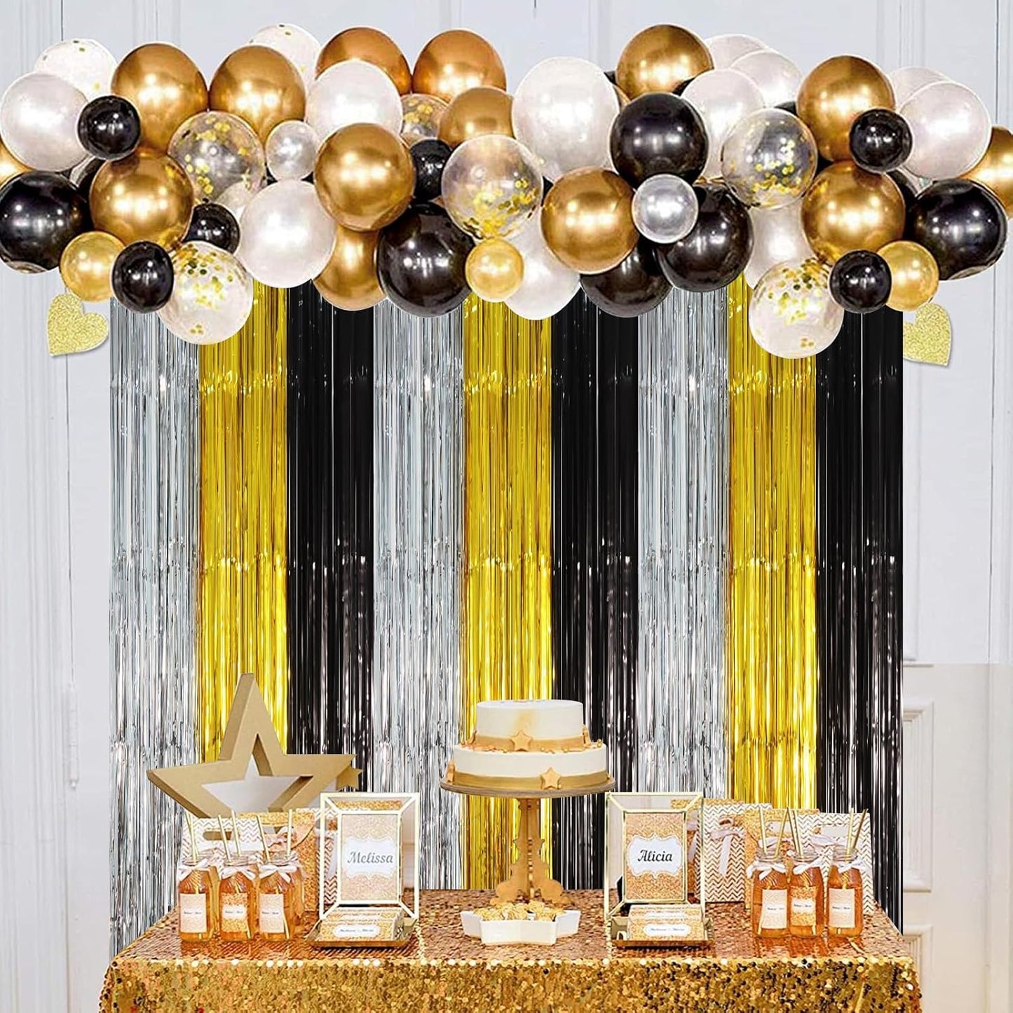 3 Pack 3.3 x 8.2 ft Black Gold Silver Foil Fringe Backdrop Curtains, Tinsel Streamers Party Decorations, Fringe Backdrop, Door Shimmer for New Years or Birthday Party