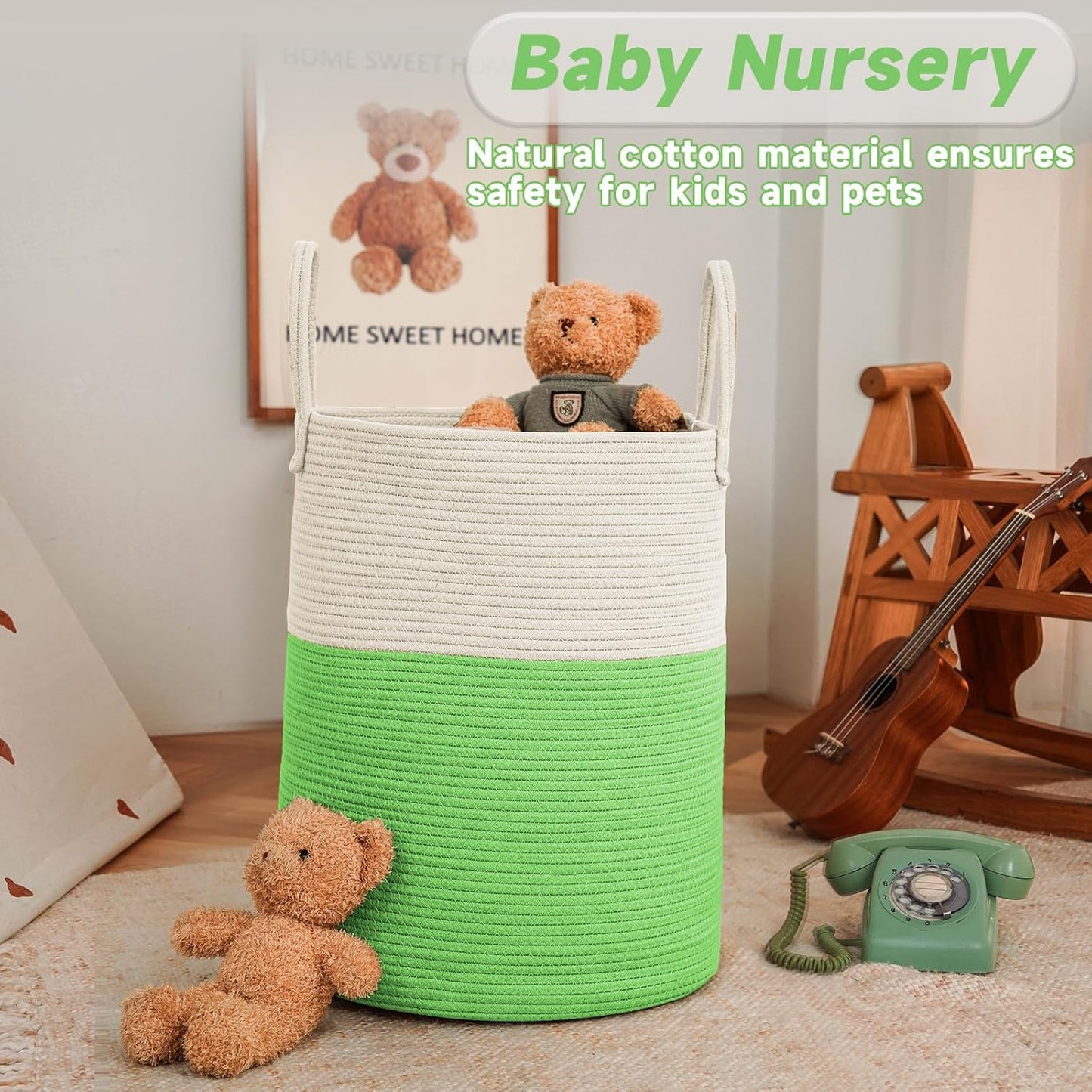 Large Woven Laundry Basket Hamper,80L Cotton Rope Storage Bin for Blankets,Toys and Clothes,Decorative Tall Nursery Hamper for Living Room,Baby Nursery,Bathroom and Bedroom,Light Green