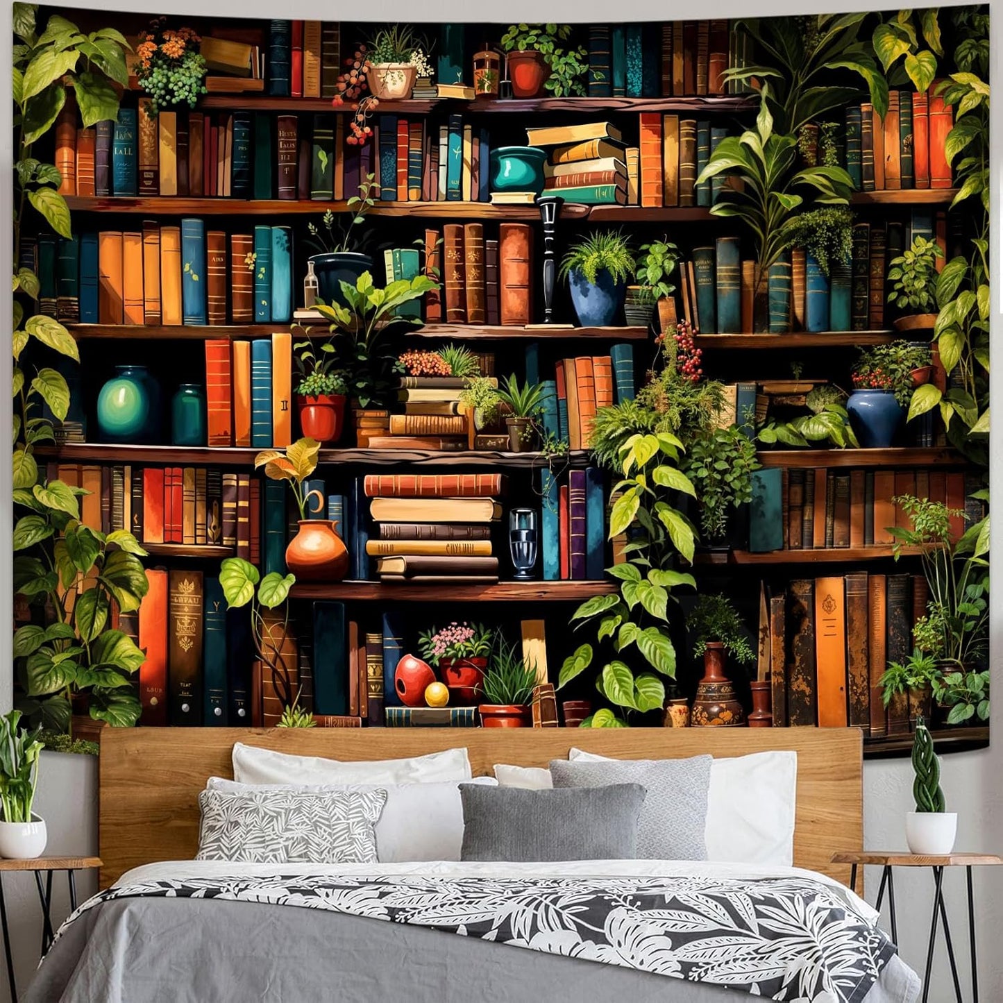 Accnicc Botanical Bookshelf Tapestry Lush Green Plant Book Shelf Tapestries Wall Hanging Art Vintage Retro Potted Plants Academics Small Library Tapestry for Bedroom Living Room Dorm 60 x 44 inch