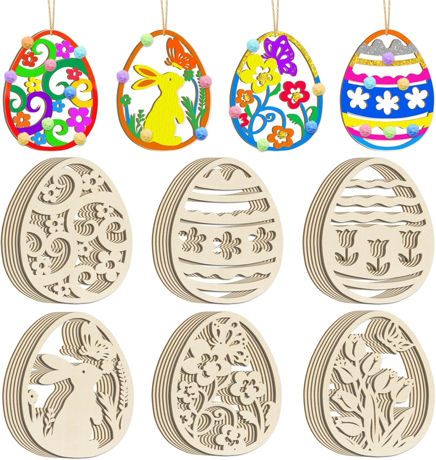 36PCS Wooden Easter Ornaments to Paint, 6 Styles DIY Blank Unfinished Wood Egg Cutouts Ornament for Crafts Hanging Decorations Happy Easter Hallow Egg Rabbit Bunny Butterfly Flower Hen