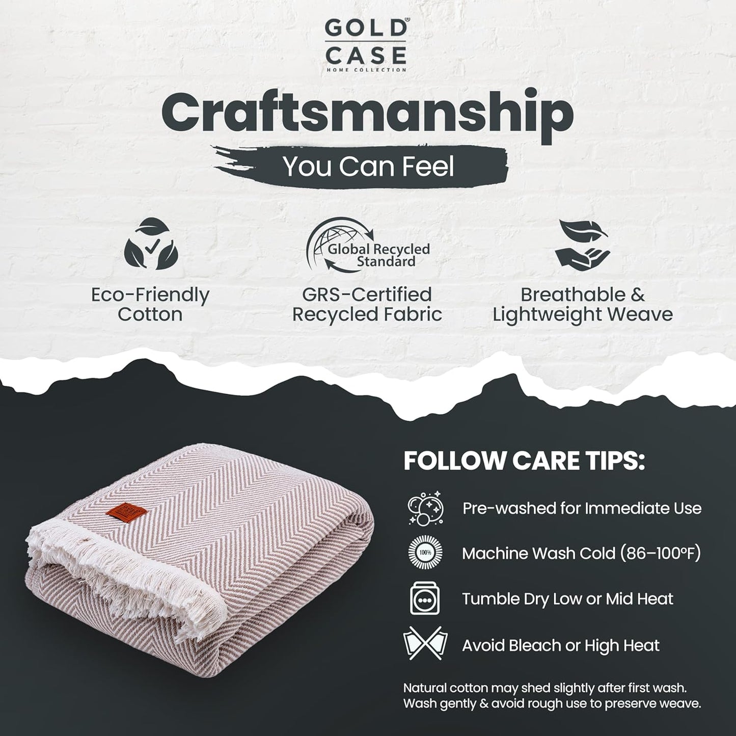 Gold Case Throw Blanket for Bed – 100% Recycled Turkish Cotton Bed Blanket – Decorative Throw Cotton Blankets for Living Room & Bedroom – Elegant Beige Woven Queen Blankets – 90x90