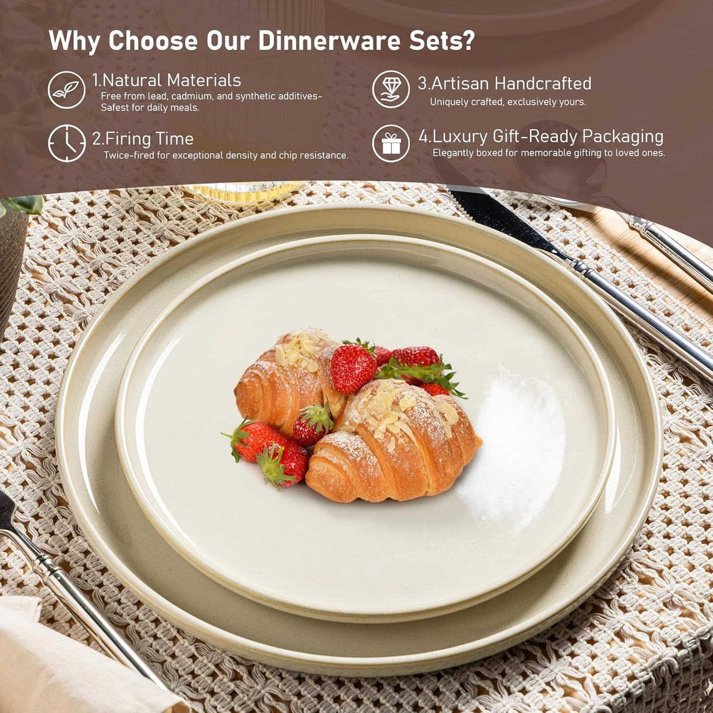 GBHOME Ceramic Dinnerware Sets for 4, 12 Pieces Stoneware Plates and Bowls Sets, Scratch Resistant Dishes, Dishwasher & Microwave Safe, Reactive Glaze-Vanilla color