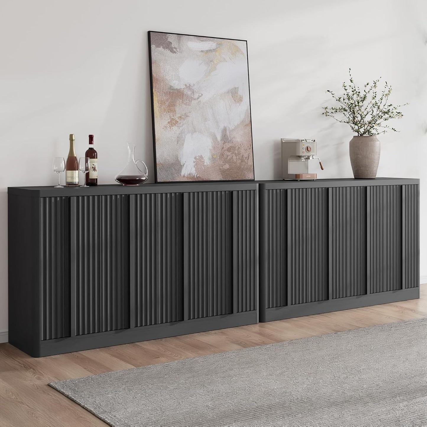 Fluted Buffet Cabinet with Storage, 120" Sideboard Buffet Storage Cabinet with 8 Doors & Adjustable Shelves, Coffee Bar Wood Credenza Cabinet for Kitchen, Dining Room, Living Room, Black(2PCS)