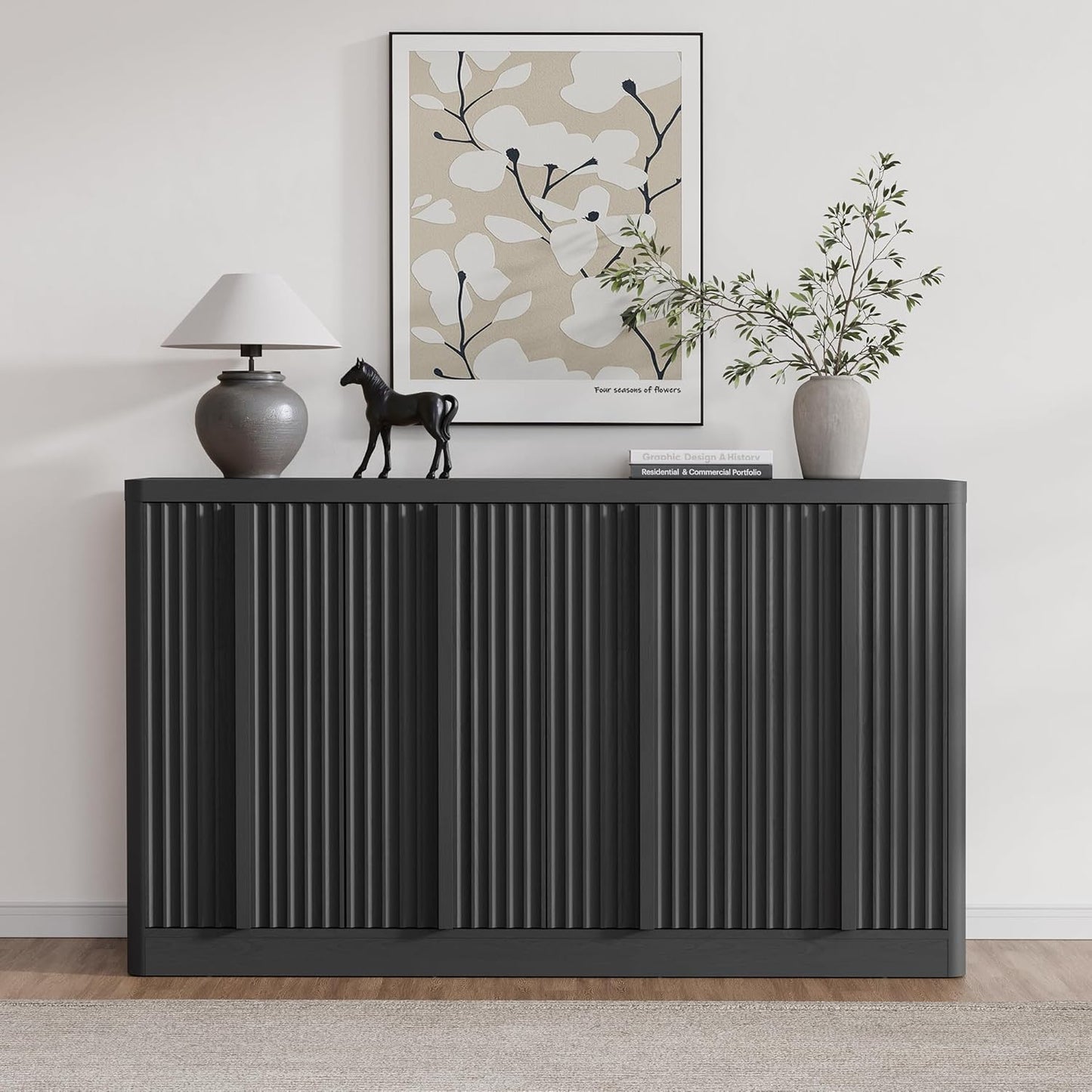 Fluted Buffet Cabinet with Storage, 60" Sideboard Buffet Storage Cabinet with 4 Doors & Adjustable Shelves, Wood Coffee Bar Credenza Accent Cabinet for Kitchen, Dining Room, Living Room, Black(1PCS)