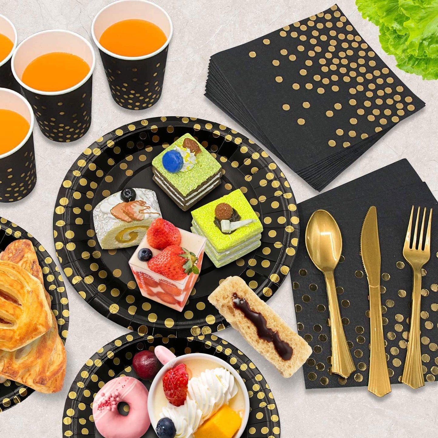 AIRE 175PCS Black and Gold Paper Plates Party Supplies for 25 Guests Disposable Party Decorations Dinnerware Golden Dot Black Paper Plates Napkins Cups Gold Plastic Forks Knives Spoons for Parties