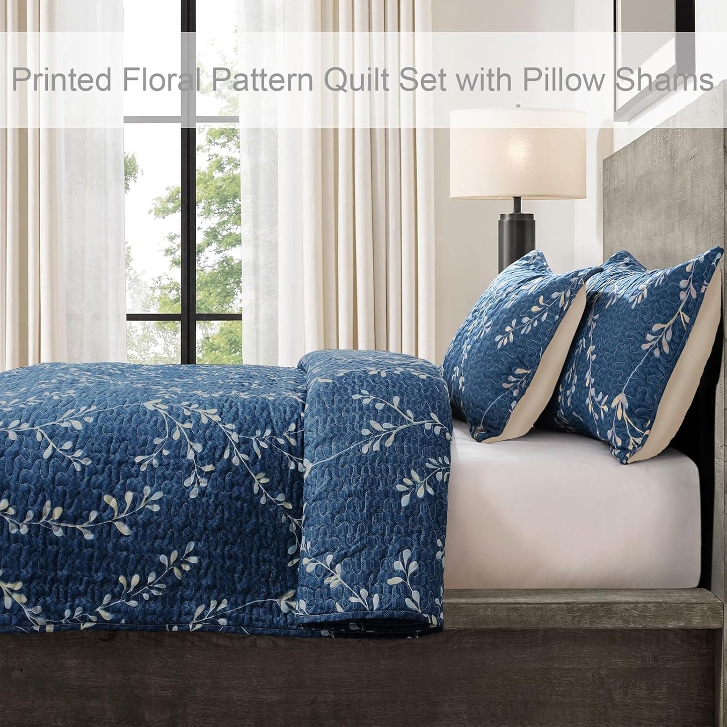 Exclusivo Mezcla Reversible Boho Quilt Set King Size, 3 Pieces Flowers Navy All Season Bedspreads, Ultra Soft Floral Coverlet Bedding Set with Printed Pattern (1 Quilt, 2 Pillow Shams)