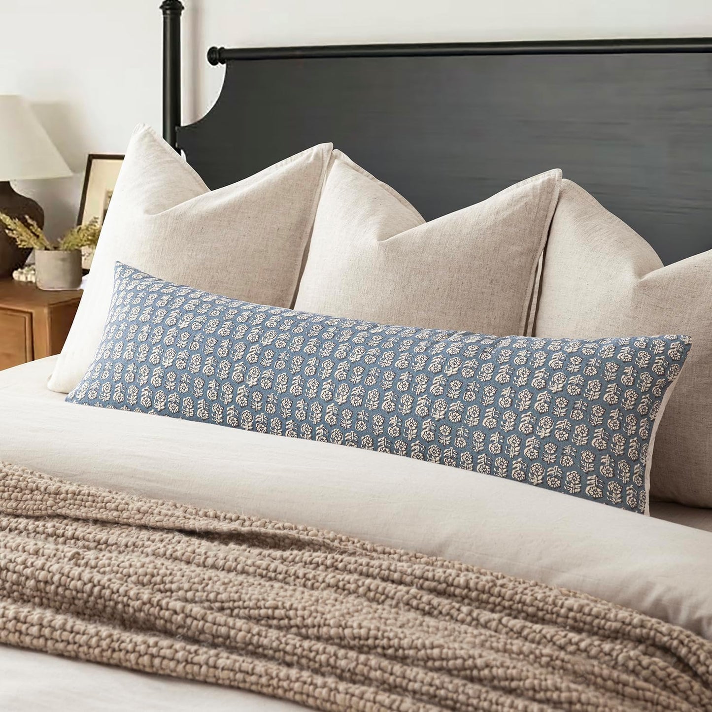 Foindtower Set of 2 Decorative Neutral Body Lumbar Throw Pillow Covers Vintage Accent Farmhouse Cushion Covers Floral Home Decor for Sofa Couch Chair Bedroom Living Room Outdoor,14×36 Inch,Dusty Blue