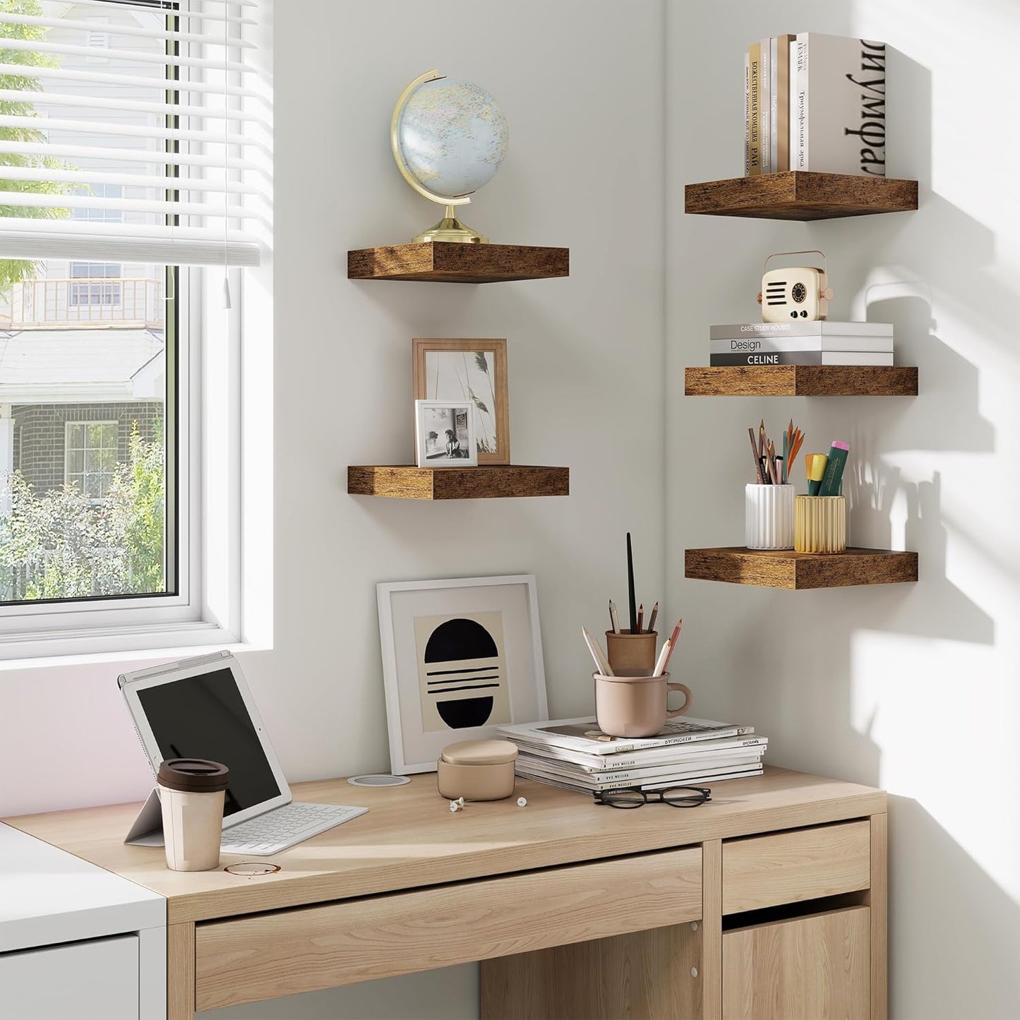 fuqing Floating Shelves for Wall, Bathroom Shelf Wall Mounted for Storage, Shelves with Invisible Bracket for Bedroom, Kitchen, Living Room, Farmhouse Small Book Shelf, 6.5 Inch Set of 3, Rustic Brown