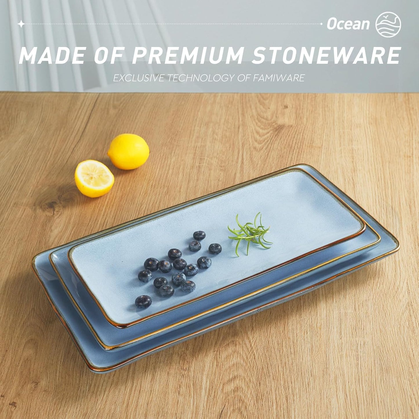 famiware Serving Platter, Rectangular 15.67/14.1/12.6inch Serving Dishes for Entertaining, Reactive Glaze, Stoneware Serving Trays for Party, Food, Turkey, Snack, Cheese, Ocean Series, Blue