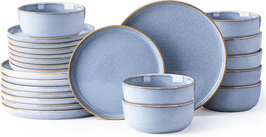 GBHOME Ceramic Dinnerware Sets for 8, 24 Pieces Stoneware Plates and Bowls Sets, Scratch Resistant Dishes, Dishwasher & Microwave Safe, Reactive Glaze-Brunnera Blue