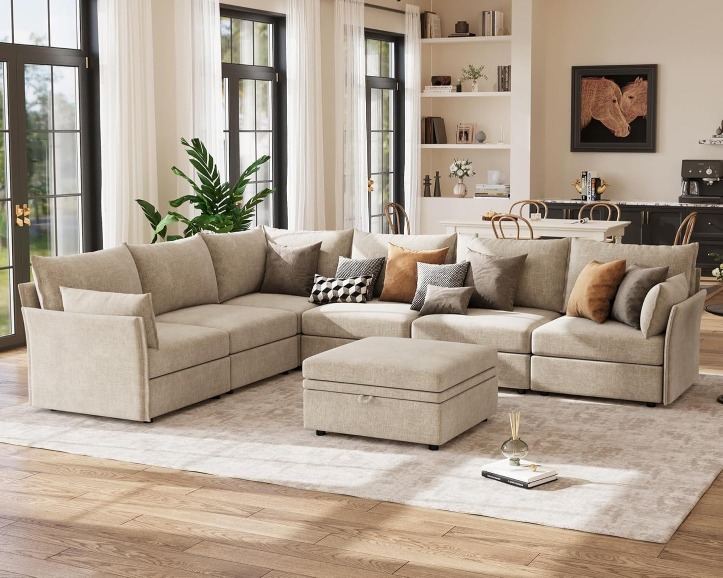 136.4" Oversized Modular Sectional Sofa, L Shaped Convertible Couch with Movable Ottoman, Large 7 Seat Corner Couches for Living Room Deep Seat Beige Chenille