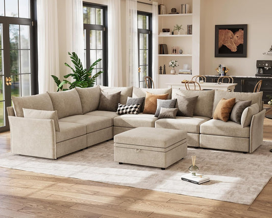 136.4" Oversized Modular Sectional Sofa, L Shaped Convertible Couch with Movable Ottoman, Large 7 Seat Corner Couches for Living Room Deep Seat Beige Chenille