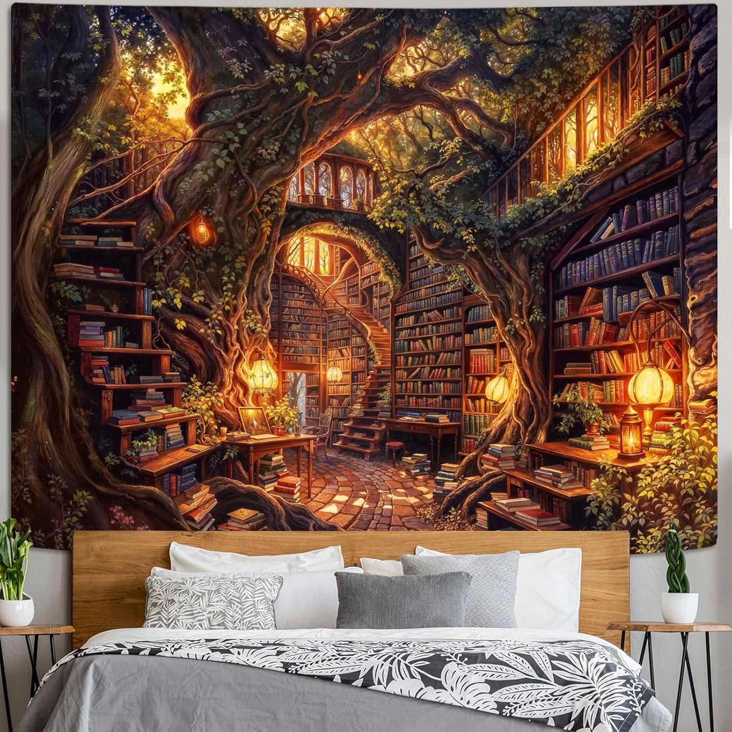 Accnicc Forest Library Tapestry Tree Bookshelf Tapestries Wall Hanging Vintage Fantasy Fairy Treehouse Book Large Tapestry for Bedroom Living Room Dorm Classroom 60 x 44 inch