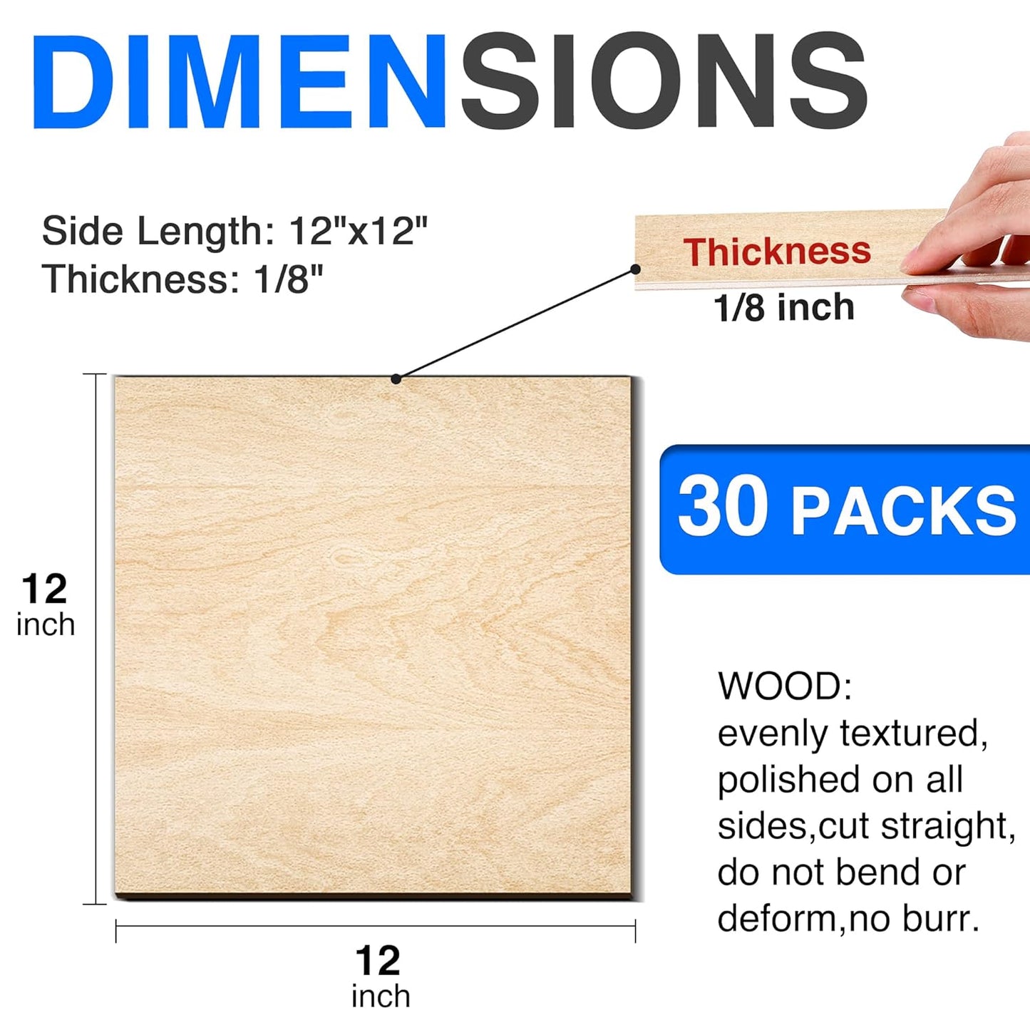 30 Pack Basswood Sheets 12"x12"x1/8", 3mm Basswood for Laser Cutting, Thin Plywood Board Unfinished Wood for Crafts, DIY Architectural Models Making, Wood Engraving, Wood Burning Product.