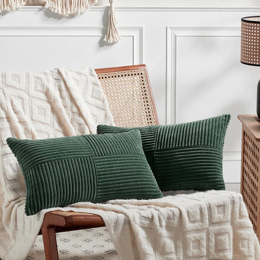 Fancy Homi Set of 2 Dark Green Long Lumbar Decorative Throw Pillow Covers 16x24 Inch for Living Room Couch Bed, Boho Farmhouse Forest Green Home Decor, Soft Corduroy Corss Textured Cushion Case