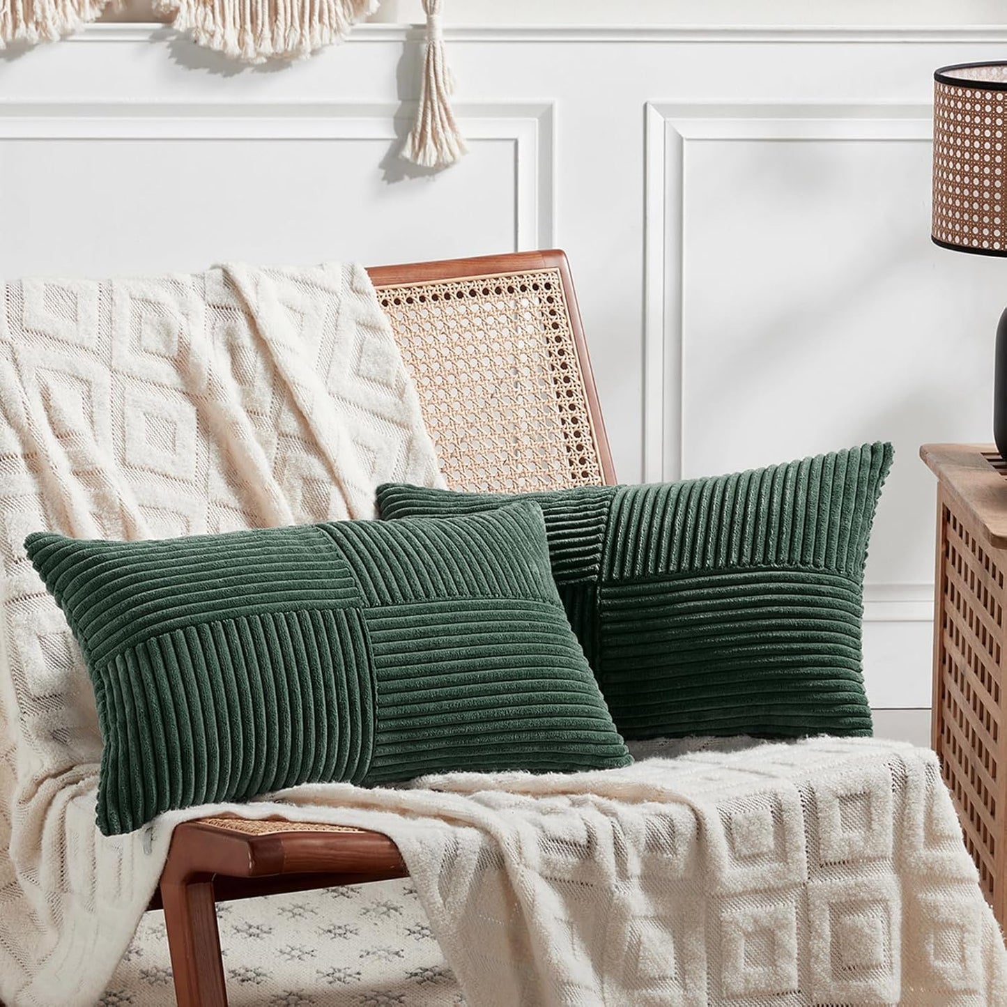 Fancy Homi Set of 2 Dark Green Long Lumbar Decorative Throw Pillow Covers 12x24 Inch for Living Room Couch Bed, Boho Farmhouse Forest Green Home Decor, Soft Corduroy Corss Textured Cushion Cas