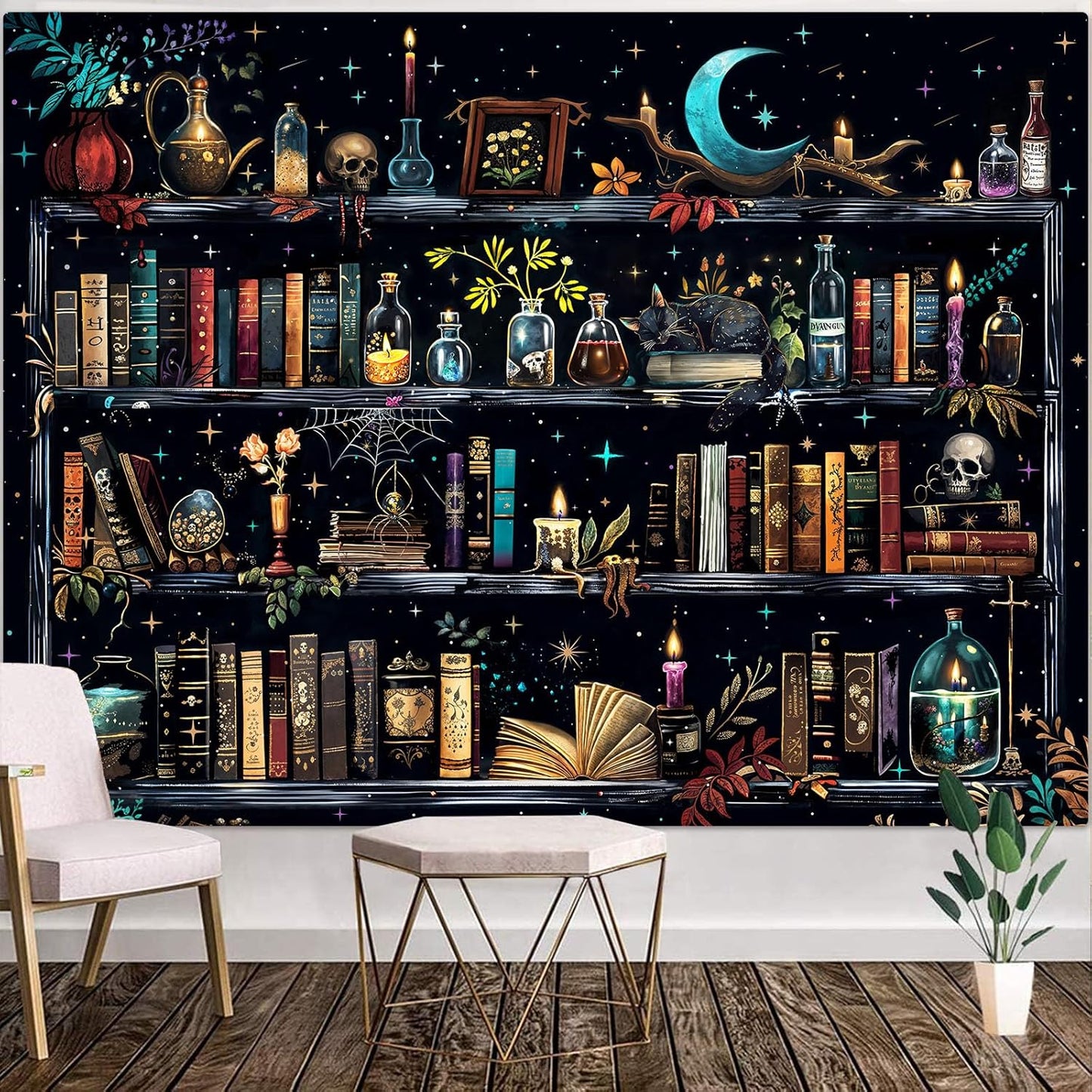 Accnicc Magic Bookshelf Tapestry Magical Witchy Potion Dark Hippie Haloween Tapestries Wall Hanging Gothic Skull Black Cat Library Book Large Tapestry for Bedroom Living Room Dorm 90 x 68 inch