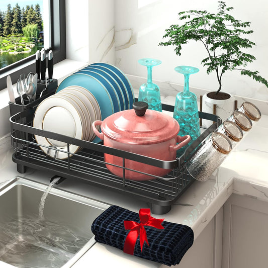 Godboat Dish Drying Rack, Dish Rack with Auto-Drain & Mat, Dish Drainers for Kitchen Counter, Glass Organizer for 4 Cups, 3 Slots Utensil Holder, Gifts for Women Mothers Day, Kitchen Gadgets & Decor