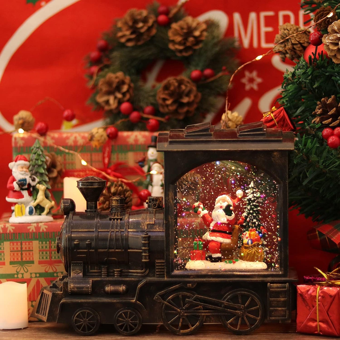 GenSwin Lighted Christmas Snow Globe Lantern, Battery Operated Santa Claus Musical Train LED Water Glittering with 6H Timer, Christmas Home Decoration Gift(Copper)