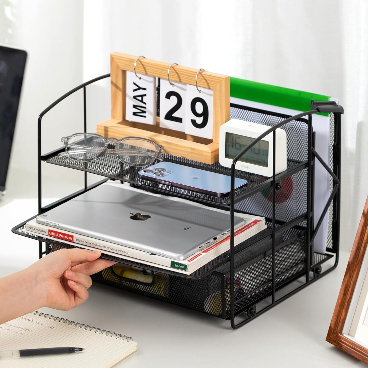 Amazon Basics Rectangular Desk Organizer 3 Tray w/Sliding Drawer and Hanging File Holder, Black