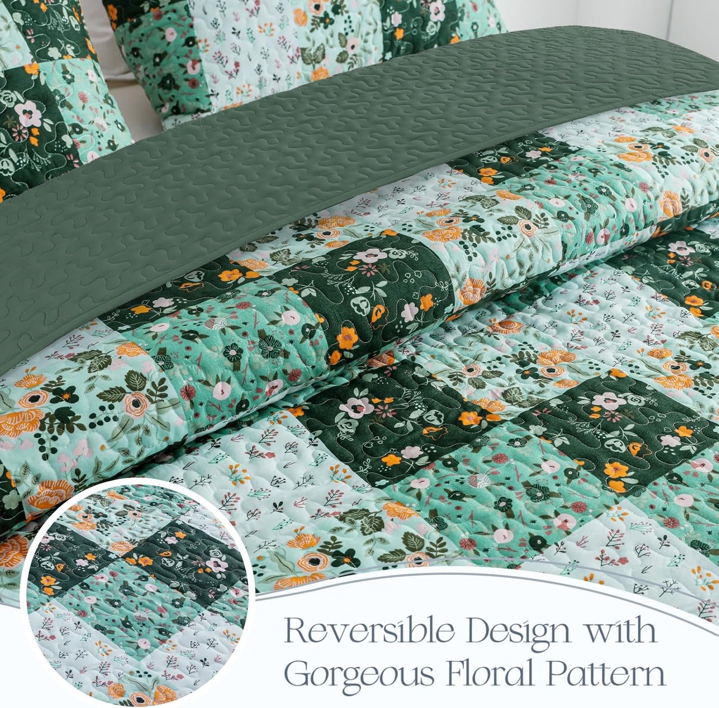 Exclusivo Mezcla Reversible Boho Quilt Set King Size, 3 Pieces Patchwork Green All Season Bedspreads, Ultra Soft Floral Coverlet Bedding Set with Printed Pattern (1 Quilt, 2 Pillow Shams)