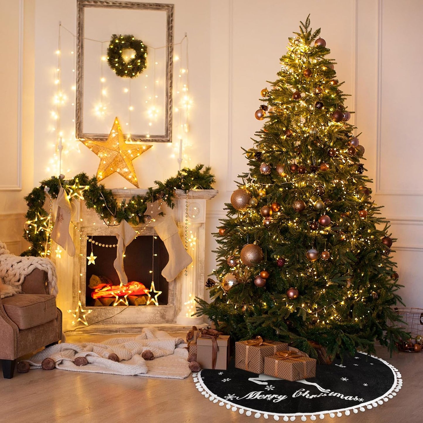 24 Inch Christmas Tree Skirt, Burlap Black Christmas Rustic Tree Skirt with Elk Deer and White Snowflake Printed for Holiday Party Xmas Tree Decoration