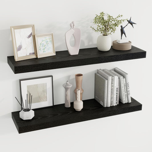 36 inch Floating Shelves Wall Shelves for Office with Invisible Brackets, 8 inch Deep Shelves for Bathroom, Living Room, Kitchen, Office, 36x7.9 inch deep Set of 2, Black