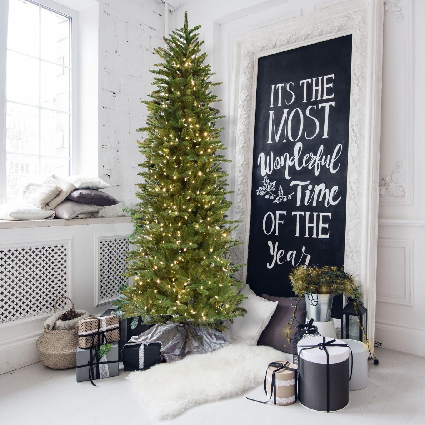 Fraser Hill Farm 7.5-Ft. Carmel Pine Slim Artificial Christmas Tree with White Incandescent Smart Lights and Stand, Prelit Foldable Fake Tree with Realistic Foliage for Home Decoration