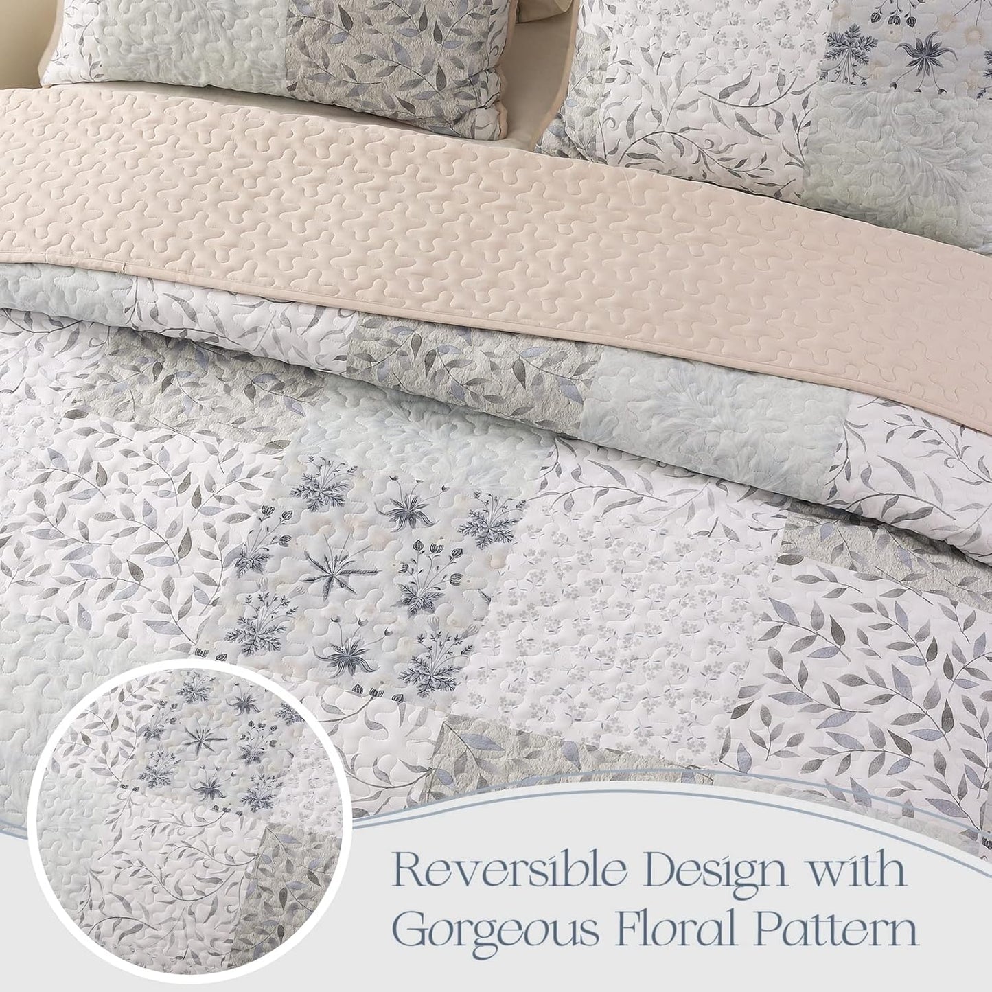 Exclusivo Mezcla Reversible Boho Quilt Set Queen Size, 3 Pieces Patchwork Gray All Season Bedspreads, Ultra Soft Floral Coverlet Bedding Set with Printed Pattern (1 Quilt, 2 Pillow Shams)