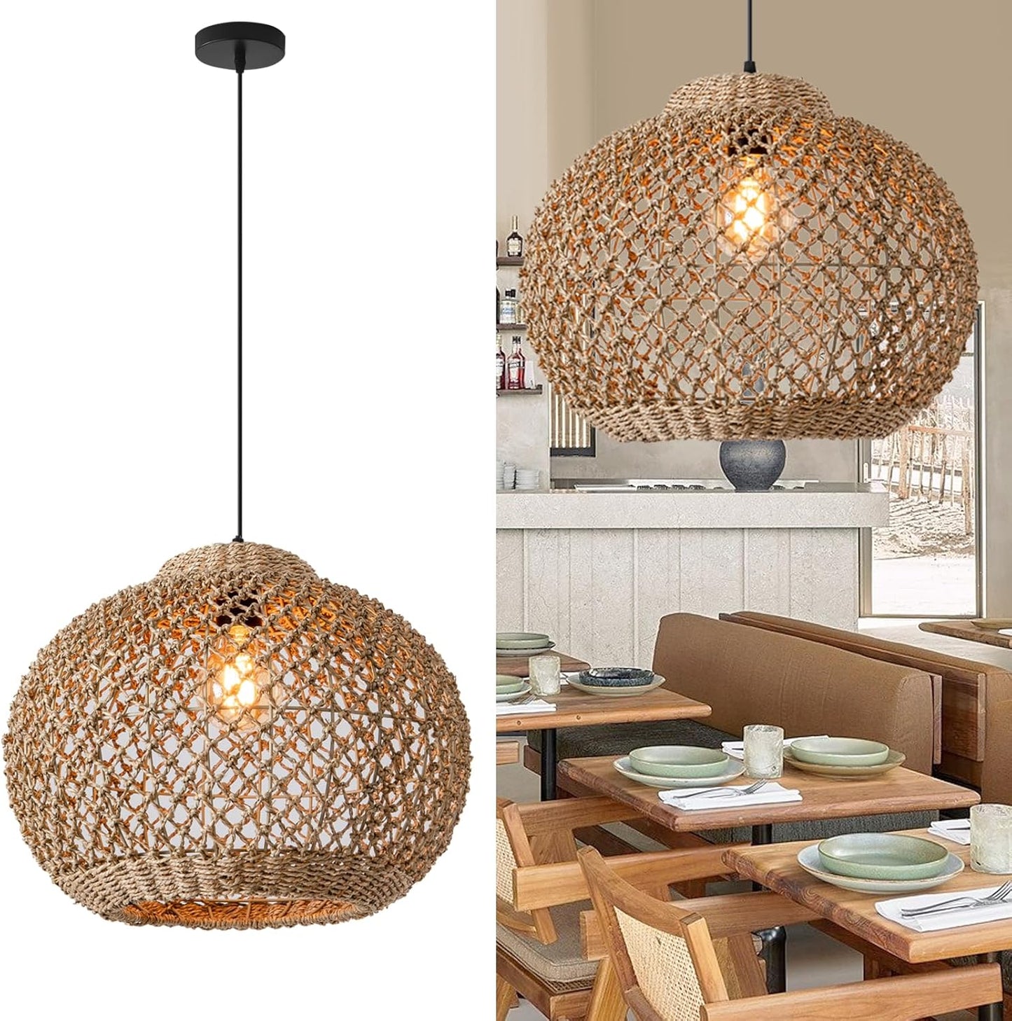 13.77" Woven Rattan Pendant Light,Hand-Woven Water Plants Rattan Chandelier Boho Wicker Coastal Retro Ceiling Chandelier Lighting,for Kitchen Island Restaurant Craft Room Farmhouse