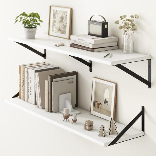 Fun Memories 40 Inch Floating Shelves, 10 Inch Deep Wall Shelf, 40 x 10 Floating Shelf Set of 2, White Wood Floating Shelf Wall Mounted, Large Kitchen Living Room Bedroom Storage Shelves