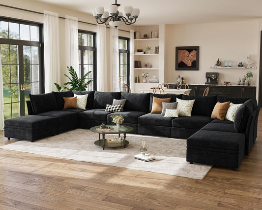 198.6" Oversized Modular Sectional Sofa, U Shaped Convertible Couch with Movable Ottoman, Large 10 Seats Corner Couches for Living Room Deep Seat Black Chenille