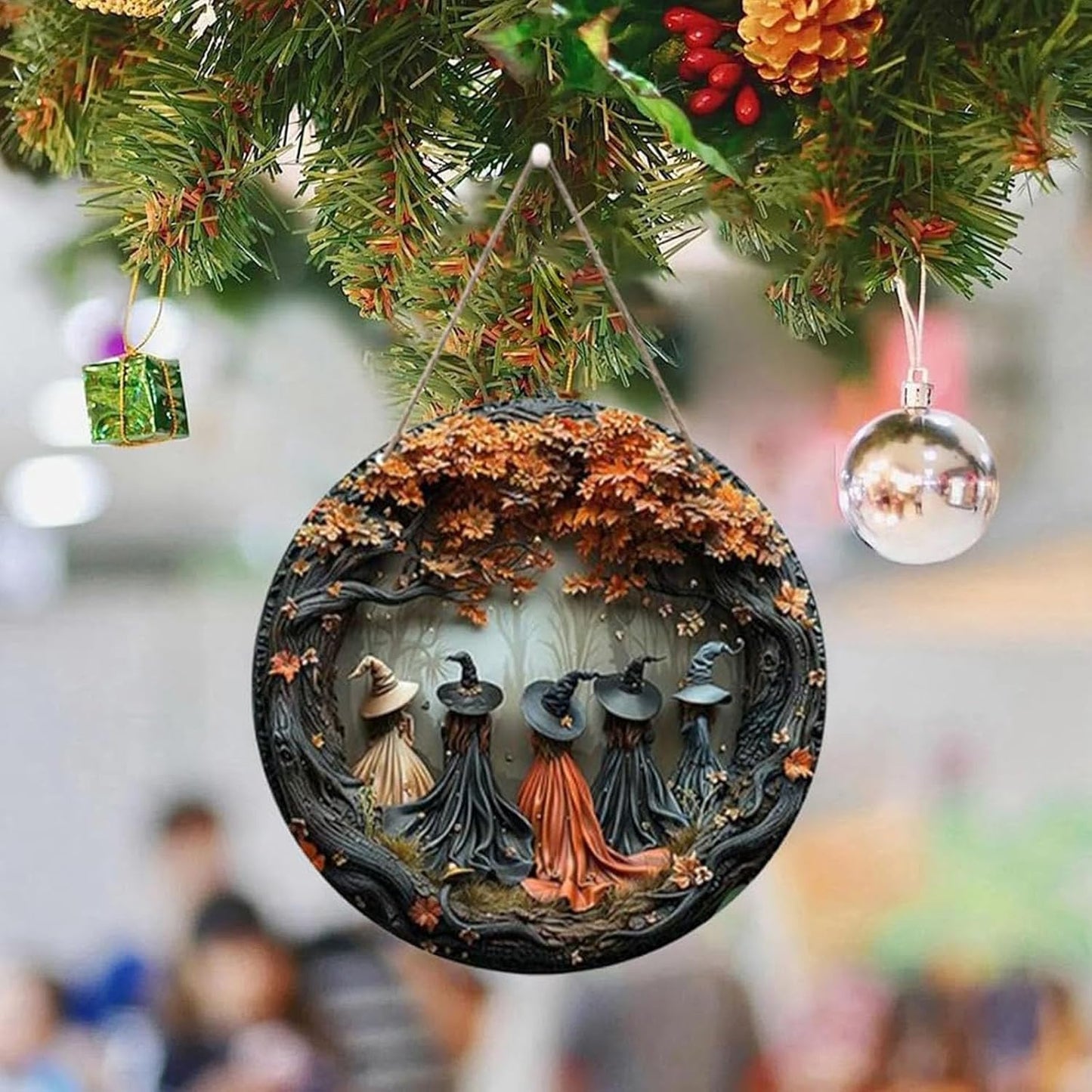 Fanyil/Olygee/Sherum/Shirem/Pubyfun/Glosrity/Libilin/Graddi/Solymody/Gowebs/Goredny/Vianys Witching Hour, Door Way Hanging Decor Halloween, 2D Wooden Round Witches Sign (B, 11.8")