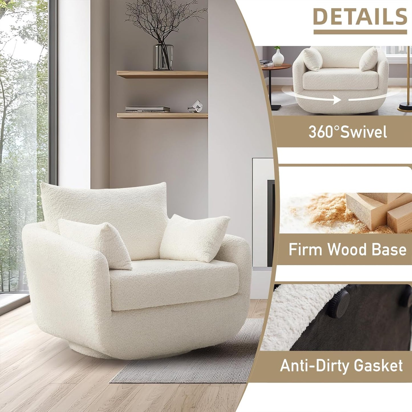 360° Swivel Accent Armchair Set of 2, 39.3" Oversized, Sherpa Boucle Fabric Sofa Chair with Removable Back & Arm Pillows, Swivel Chairs with Cozy Soft Padded, No Assembly Required, White