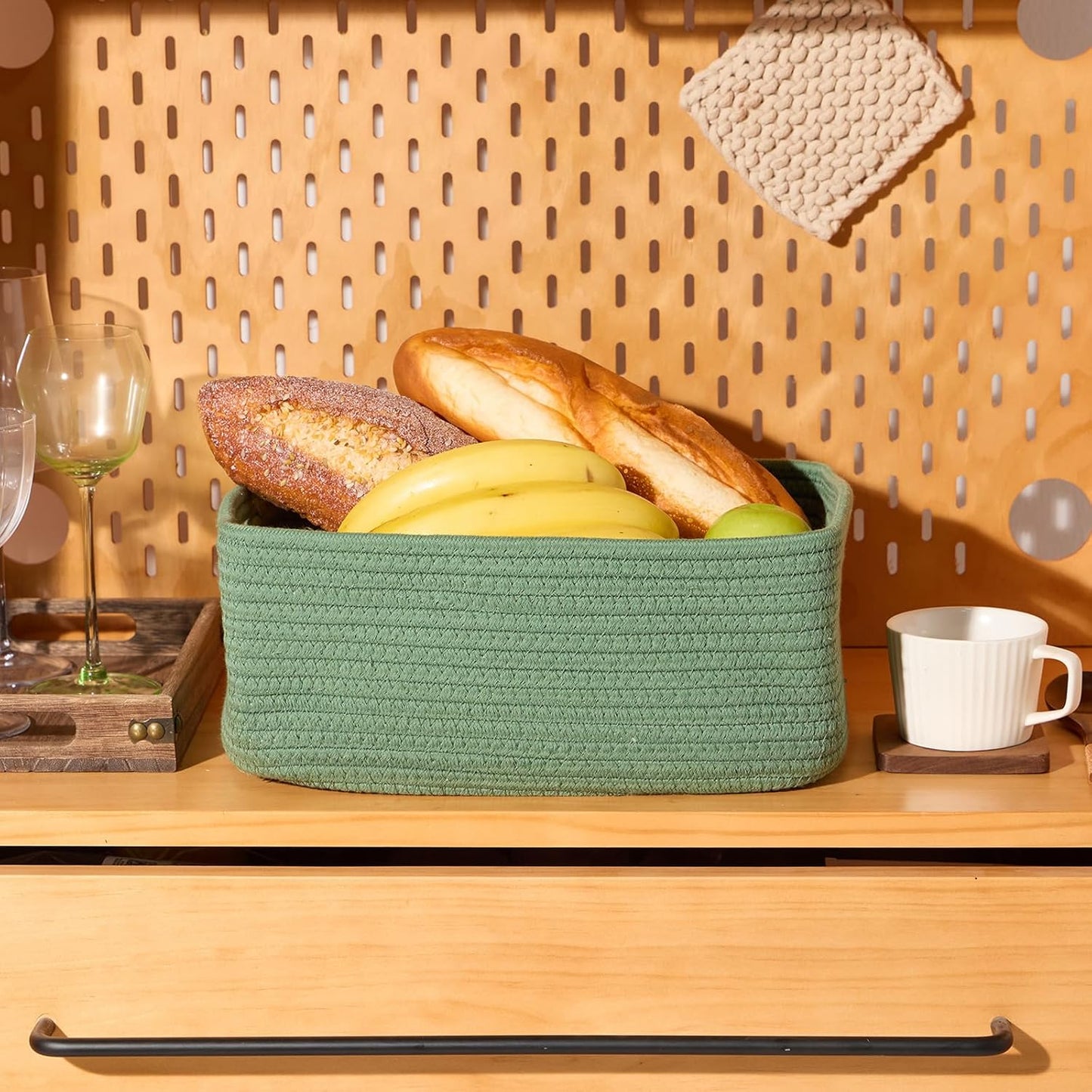 Small Storage Baskets for Organizing | Closet Organizer Bins | Shelf Toy Basket | Woven Rope Baskets | Cube Decorative Box | Shallow Basket | 13x8.5x5.1” | 3 Packs Green