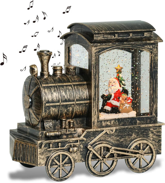 GenSwin Christmas Snow Globe Lantern Train Water Swirling Glitter with 6H Timer, Musical LED Lighted Battery Operated Santa Claus Scene for Christmas Home Decoration and Gift(Copper)