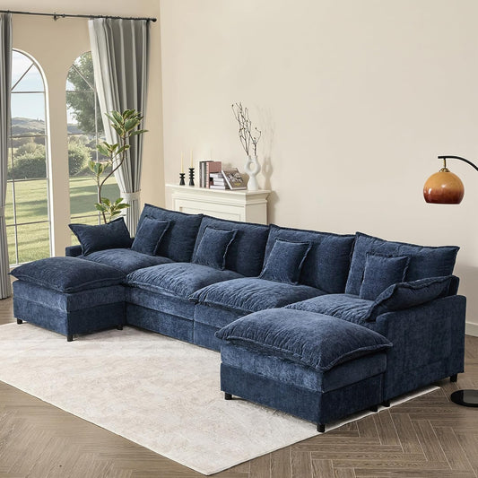 142.5" U Shaped Couch, Modular Sectional Sofa, 3-Seater Comfy Cloud Couch with Movable Ottoman, Deep Seat Couches for Living Room, Chenille, Navy
