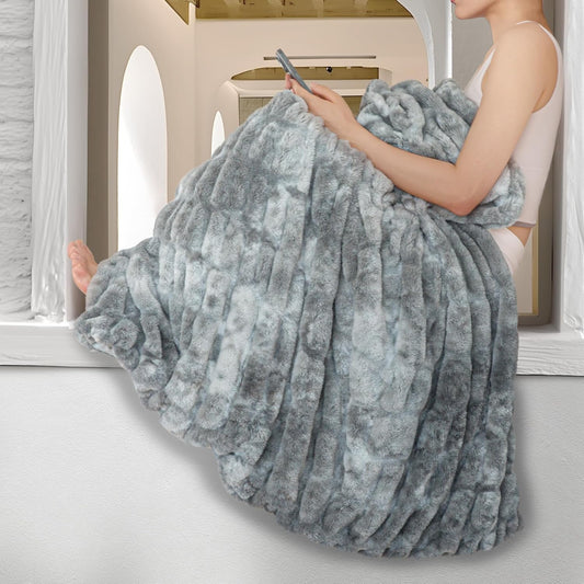 Faux Fur Blanket, Throw Blanket for Couch, Fluffy Blanket with Stretch Ruched Design, Ultra Soft Giftable Home Decor, 50x60 inches, Tie-Dyed in Gray