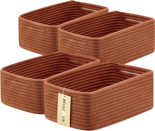 Small Storage Baskets for Organizing | Closet Organizer Bins | Shelf Toy Basket | Woven Rope Baskets | Cube Decorative Box | Shallow Basket | 13x8.5x5.1” | 4 Packs Oxide Red