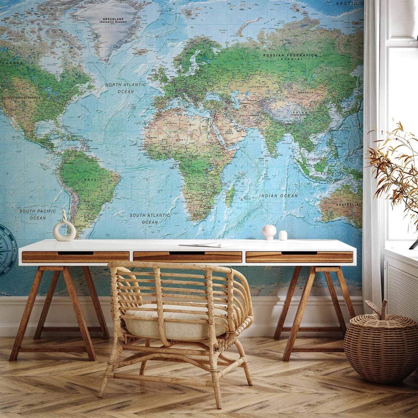 artgeist Premium Wall Mural World Map 98x69 in - XXL Non-Woven Wallpaper Fleece Wall Decor Photo Print Picture Image Design Home Map of The World k-A-0127-a-a